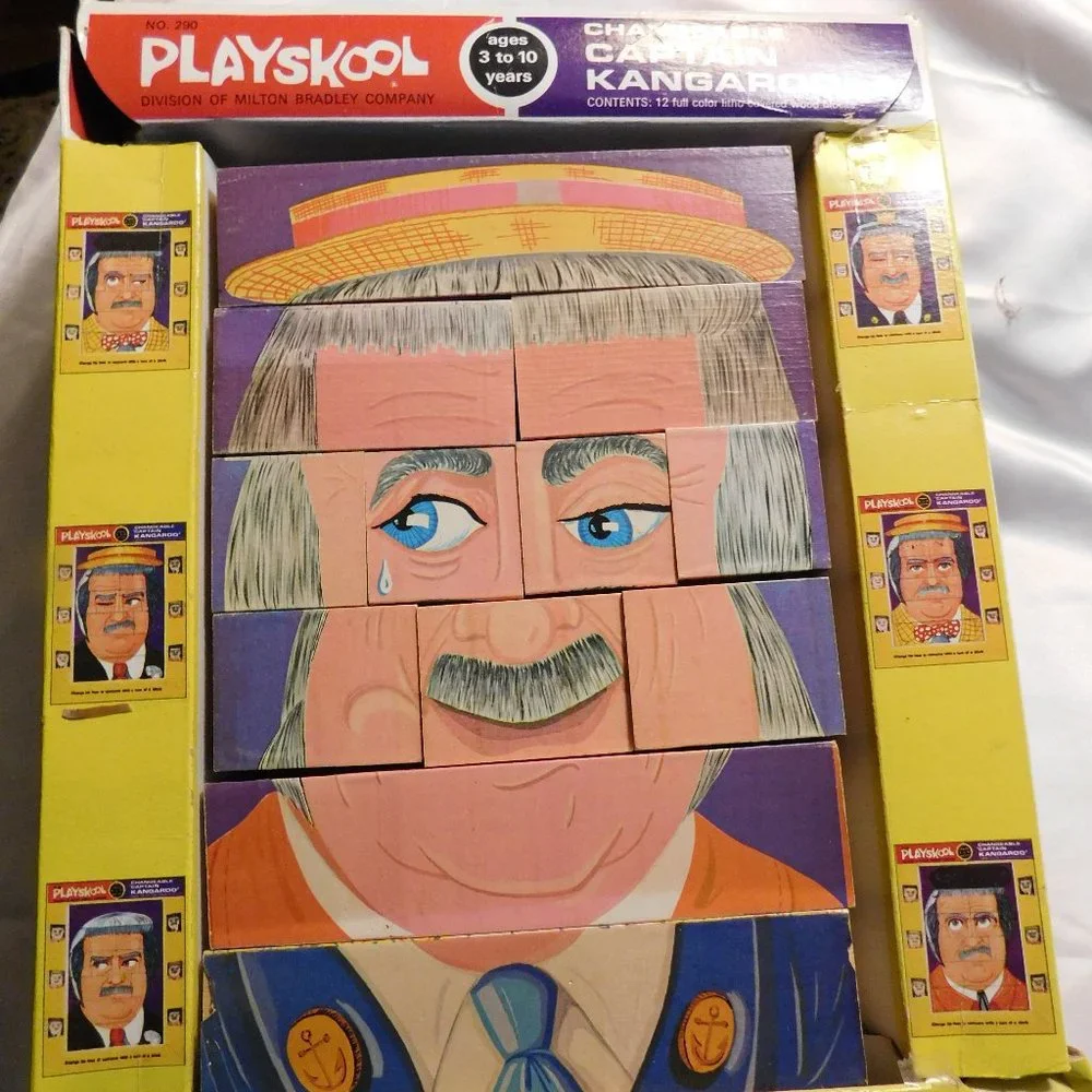 Playskool Captain Kangaroo Wood Face Changing Block Puzzle Vintage 1969
